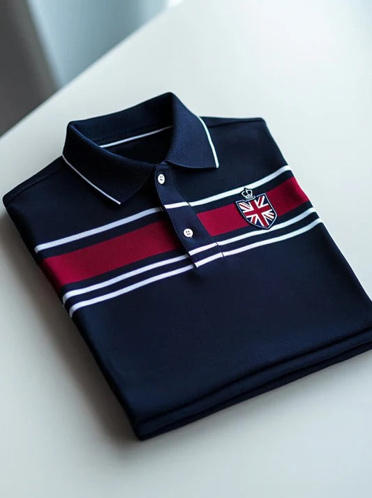 Wingy™ Premium Navy Blue Polo T-Shirt with Red White Stripe Panel Crest Logo Cotton Casual Shirt for Men