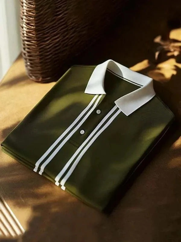 Wingy™ Premium Olive Green Polo T-Shirt with White Dual Stripe Design Contrast Collar Cotton Casual Shirt for Men