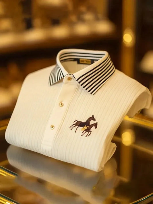 Wingy™ Premium White Polo T-Shirt with Black Striped Collar Horse Logo Cotton Casual Shirt for Men