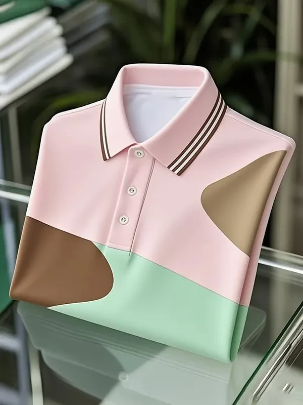 Wingy™ Premium Pastel Polo T-Shirt Pink Mint Green Patchwork Contrast Collar Cotton Casual Shirt for Men