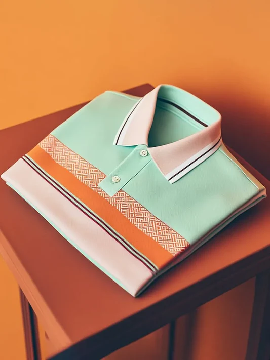 Wingy™ Premium Mint Green Polo T-Shirt with Orange White Geometric Stripe Contrast Collar Cotton Casual Shirt for Men