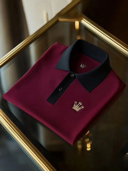 Wingy™ Premium Maroon Polo T-Shirt with Black Contrast Collar Crown Logo Cotton Casual Shirt for Men