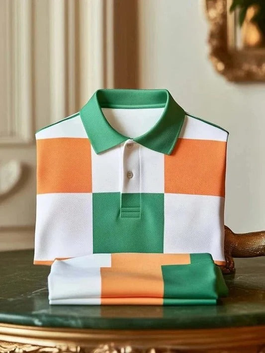 Wingy™ Premium Green White Polo T-Shirt with Orange Checkered Block Design Contrast Collar Cotton Casual Shirt for Men