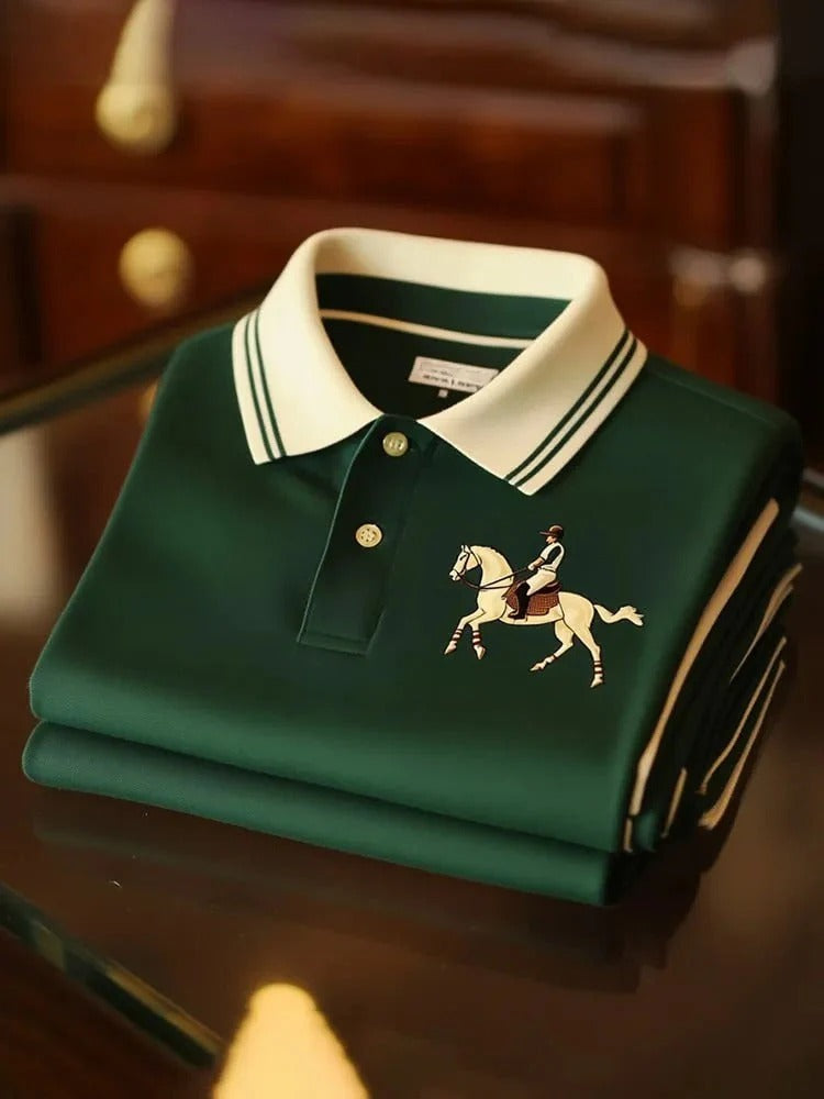 Wingy™ Premium Dark Green Polo T-Shirt with White Contrast Collar Rider Horse Logo Cotton Casual Shirt for Men