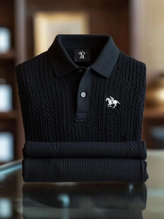 Wingy™ Premium Black Textured Polo T-Shirt with Horse Logo Knit Cotton Casual Shirt for Men