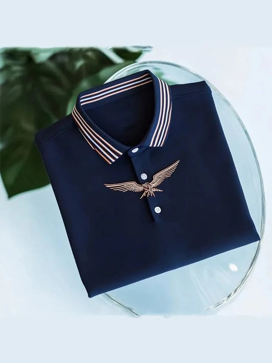 Wingy™ Premium Navy Blue Polo T-Shirt with Striped Collar Eagle Logo Cotton Casual Shirt for Men