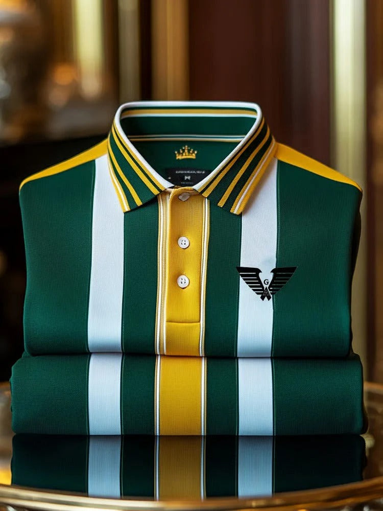 Wingy™ Premium Green Polo T-Shirt with Yellow White Stripe Panel Contrast Collar Cotton Casual Shirt for Men