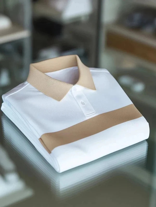 Wingy™ Premium White Polo T-Shirt with Beige Contrast Collar and Stripe Casual Summer Cotton Shirt