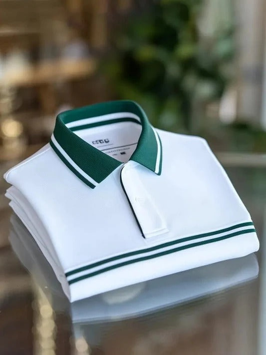 Wingy™ Premium White Polo T-Shirt with Green Contrast Collar Double Stripe Cotton Casual Shirt for Men