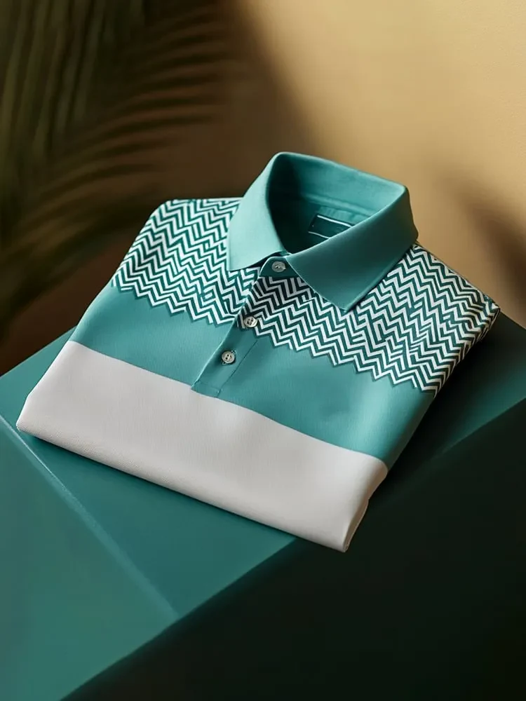 Wingy™ Premium Teal Polo T-Shirt with Zigzag Pattern Panel White Contrast Cotton Casual Shirt for Men