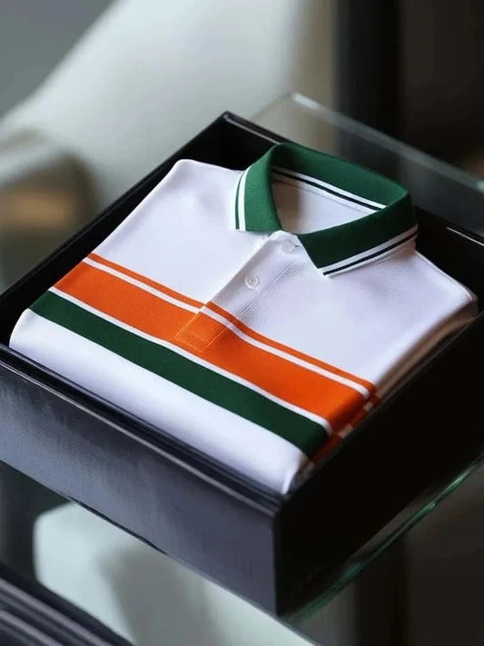 Wingy™ Premium White Polo T-Shirt with Orange Green Stripe Panel Contrast Collar Cotton Casual Shirt for Men