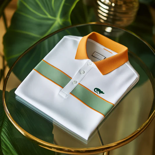Wingy™ Premium White Polo T-Shirt with Orange Collar Green Stripe Panel Cotton Casual Shirt for Men