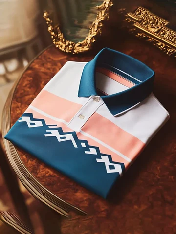 Wingy™ Premium Blue White Polo T-Shirt with Peach Stripe Geometric Pattern Contrast Collar Cotton Casual Shirt for Men