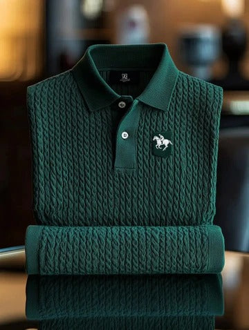 Wingy™ Premium Dark Green Textured Polo T-Shirt with Horse Logo Knit Cotton Casual Shirt for Men