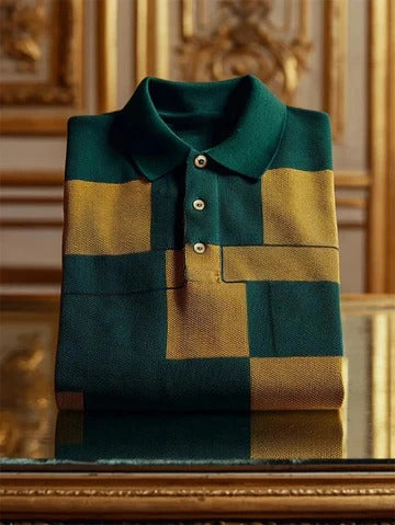 Wingy™ Premium Dark Green Polo T-Shirt with Gold Block Pattern Cotton Casual Shirt for Men